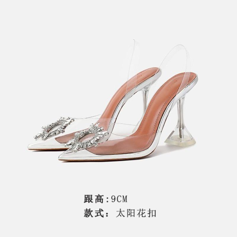 New summer thin heel rhinestone sandals pointed transparent crystal high heels women's shoes