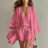 Women's V Neck Sleeveless Top Drawstring Shorts and Oversized Cardigan Three Piece Set