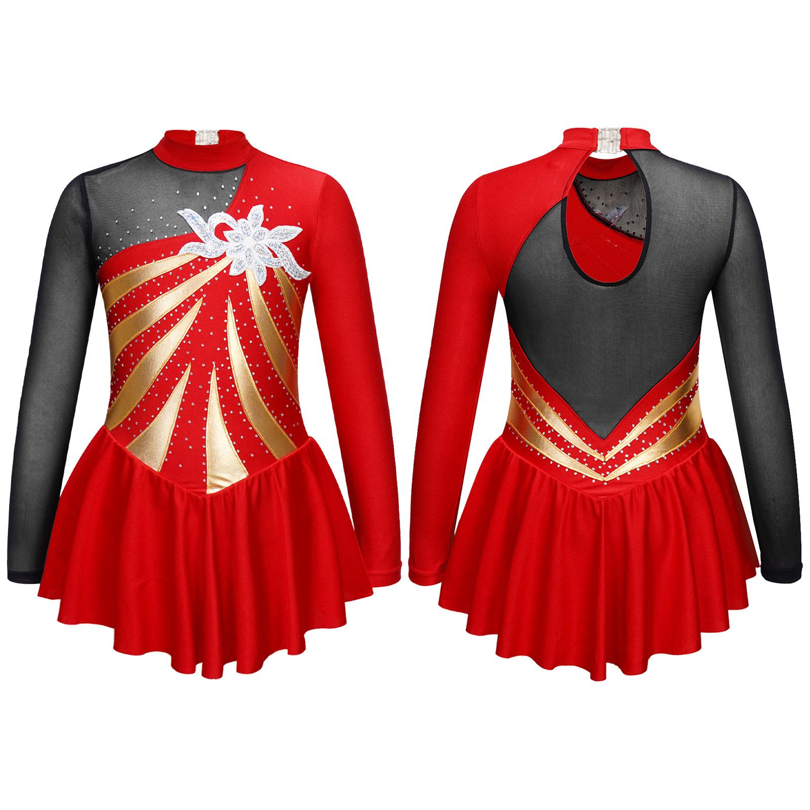 

Блестки, цветочные украшения, открытая спина, лирическое балетное танцевальное платье, костюм для фигурного катания, танцевальная одежда для девочек 7-8 Years красный