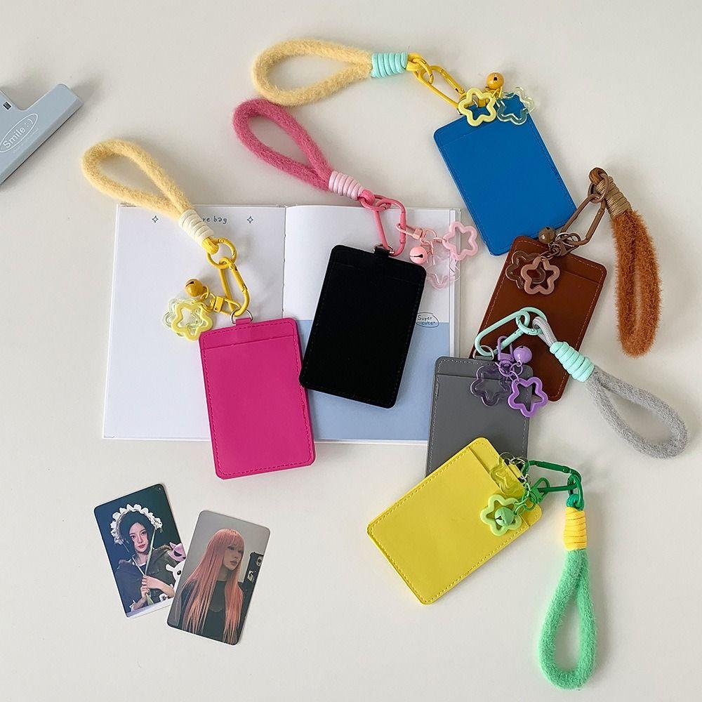 Creative PU Leather Card Holder Double Card Slot with Lanyard Photos Protective Cover Card Bag