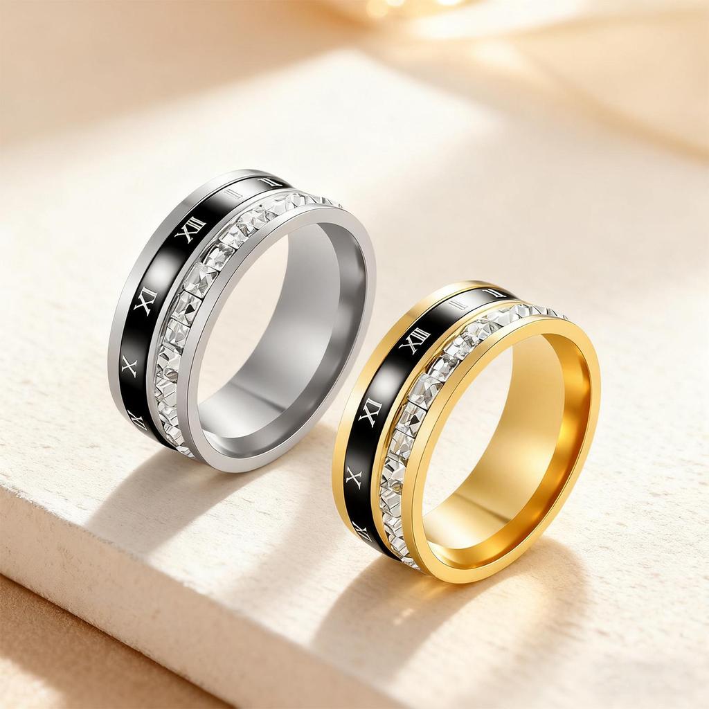 Titanium Steel Roman Numeral Diamond Spinner Couple Ring - Trendy Style