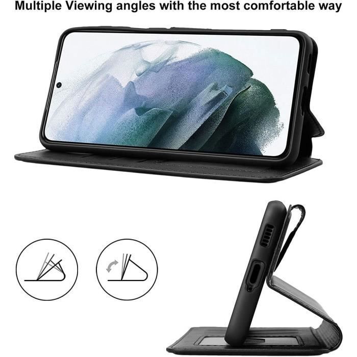 Coque - Booling - pour Samsung Galaxy S21 - avec 2 Verres Trempés - Rabas - Effet Cuir - Noir