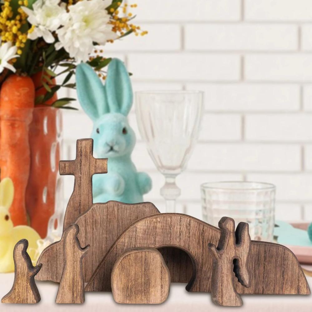 Portable Wooden Empty Tomb Easter Scene Ornament DIY Decorative Jesus Tomb Tray Set Mini Jesus Nativity Scene Decor Living Room