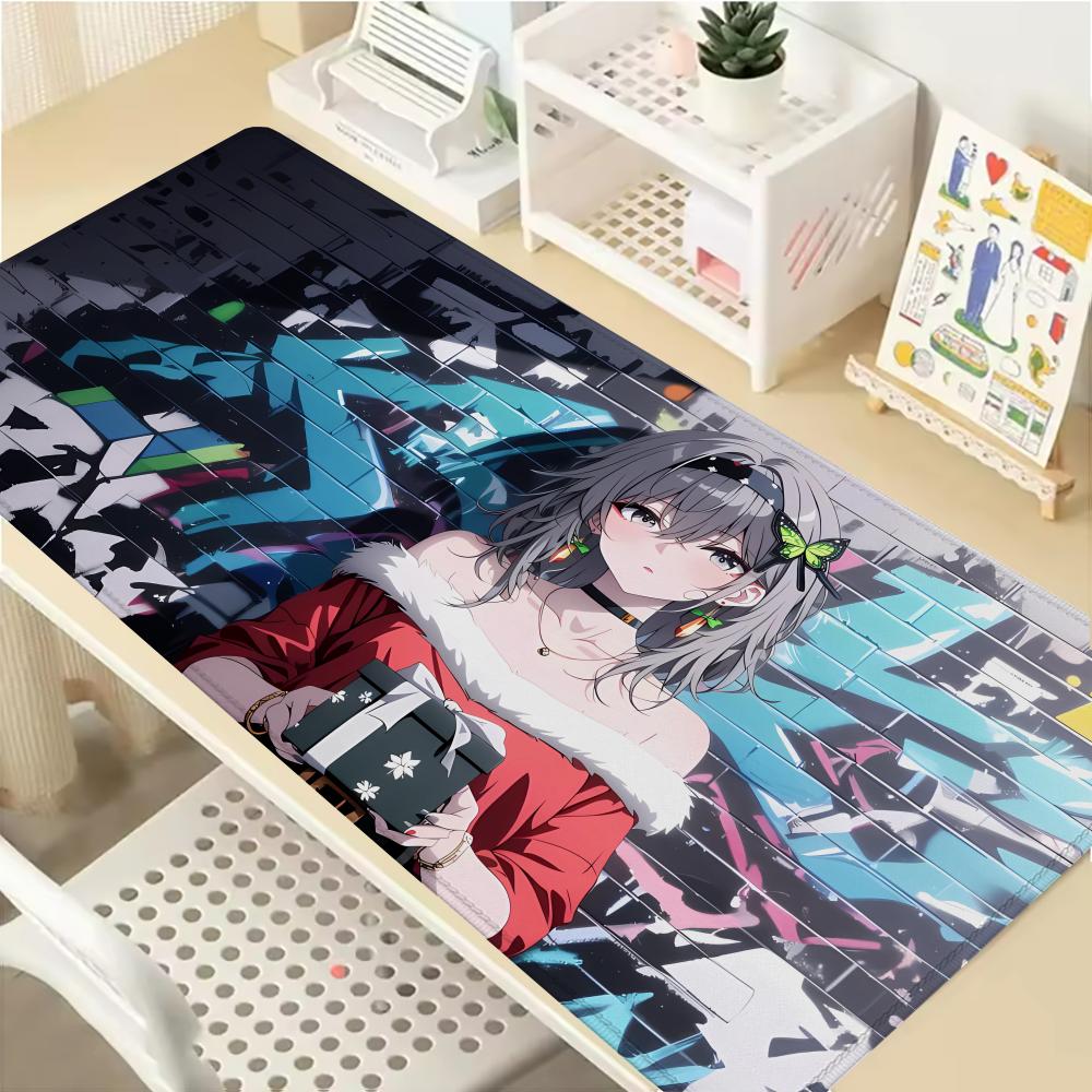 Gaming Mouse Pad Large Desk Mat Antislip Stitched Edges Graffiti Cat Girl Colorful Urban Style PC Keyboard Pad