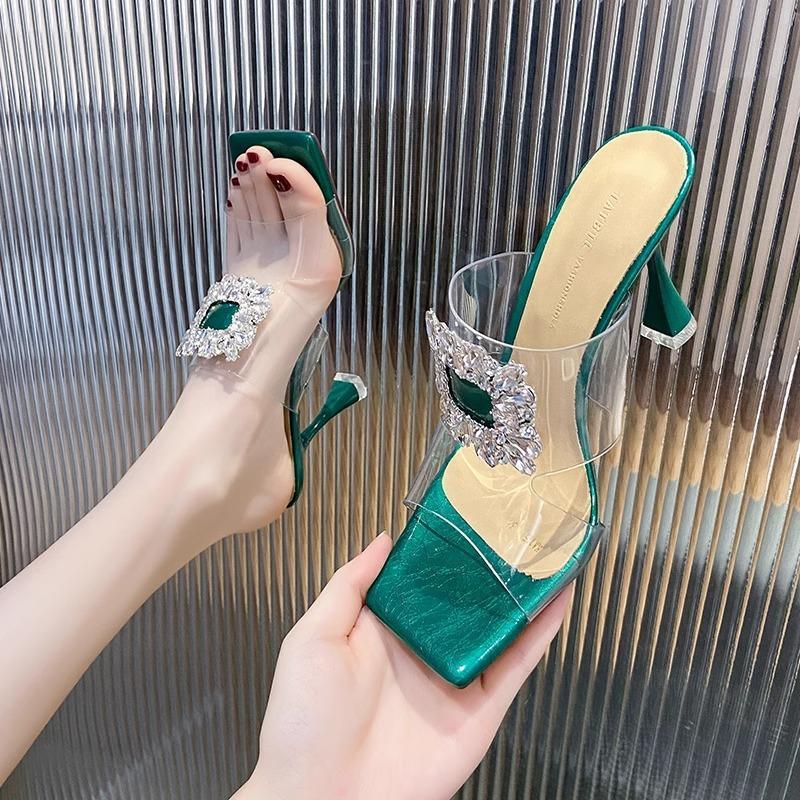 

Французские прозрачные шлепанцы на тонком каблуке женские 2025 лето новые высокий каблук шлепанцы с перемычкой стразы интернет-знаменитость прозрачные сандалии женские 40