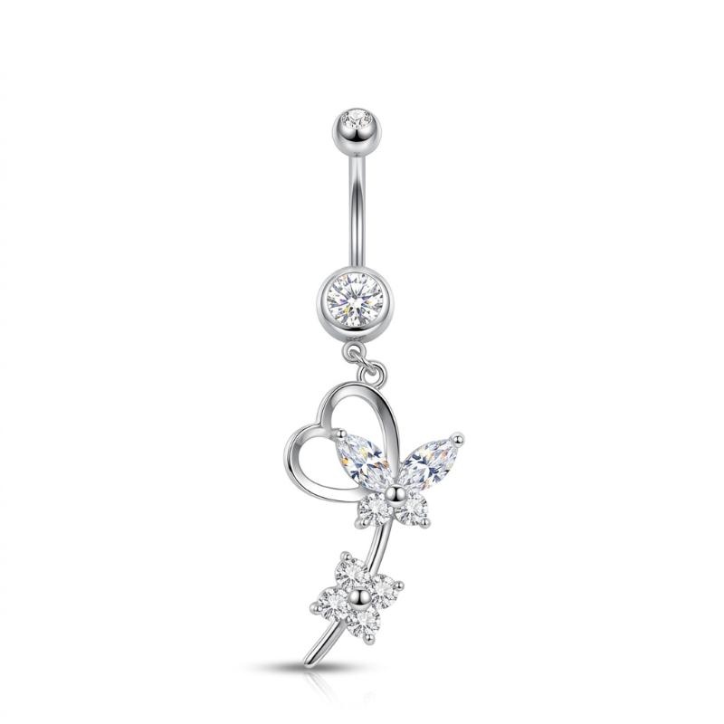 Stainless Steel Dangle Belly Button Rings For Women Shiny Cubic Zirconia Heart Butterfly Flower Navel Piercing Jewelry For Daily