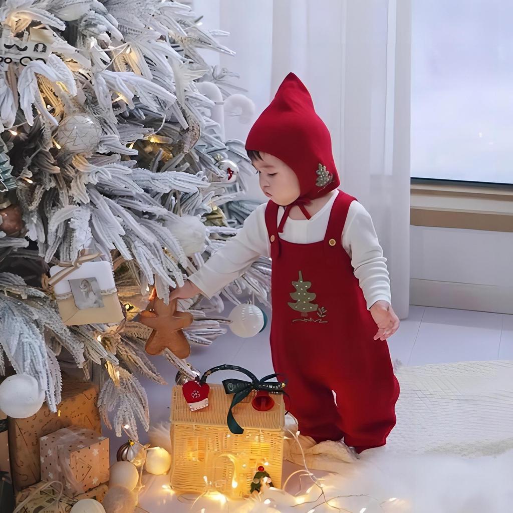 New Cross-Border Christmas Tree Knit Baby Jumpsuit - Wine Red Wool Double-Button Overalls
