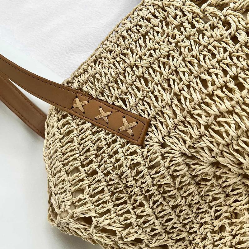 Straw Beach Bag Vintage Handmade Woven Shoulder Bag Raffia Circle Rattan Bags Bohemian Summer Vacation Casual Bags