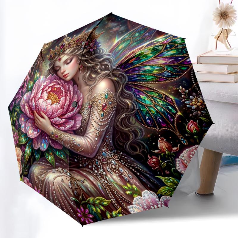 1pc Sturdy 8-Bone Auto Umbrella, Ethereal Floral Husky Umbrella, Digital Printed, Foldable Umbrella for On-the-Go Outdoor Use