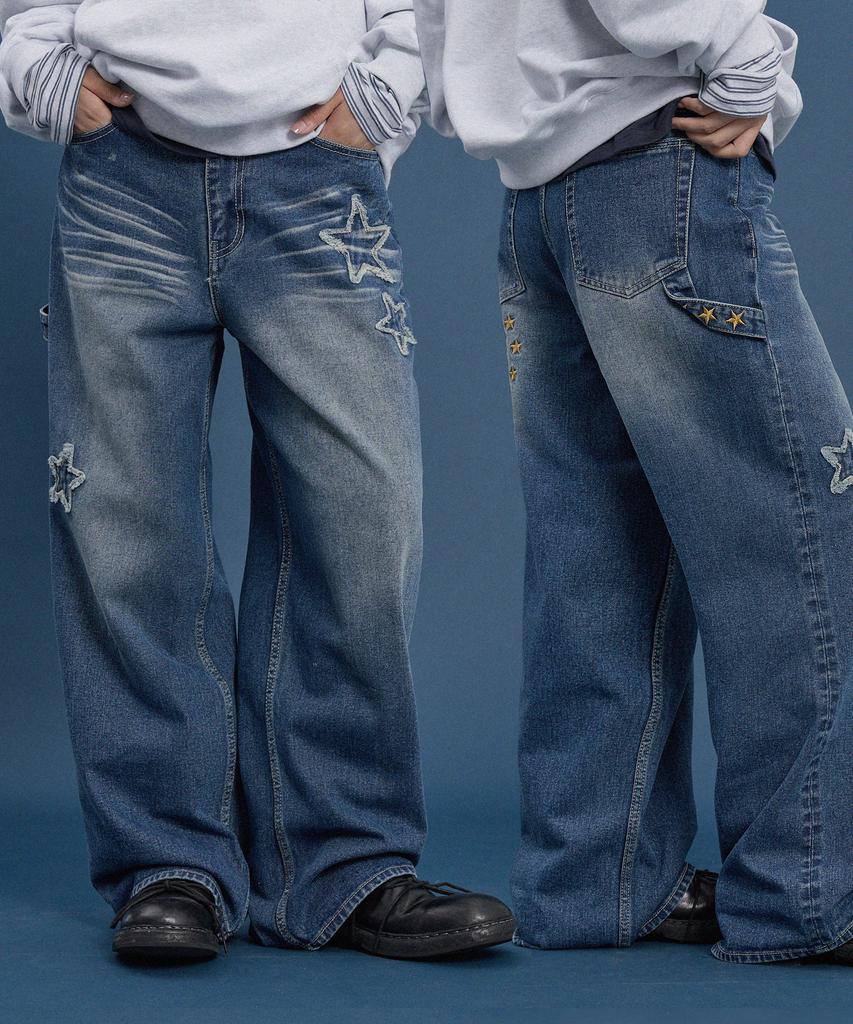 WAIKEI Star Applique Embroidery Denim Pants Medium Blue