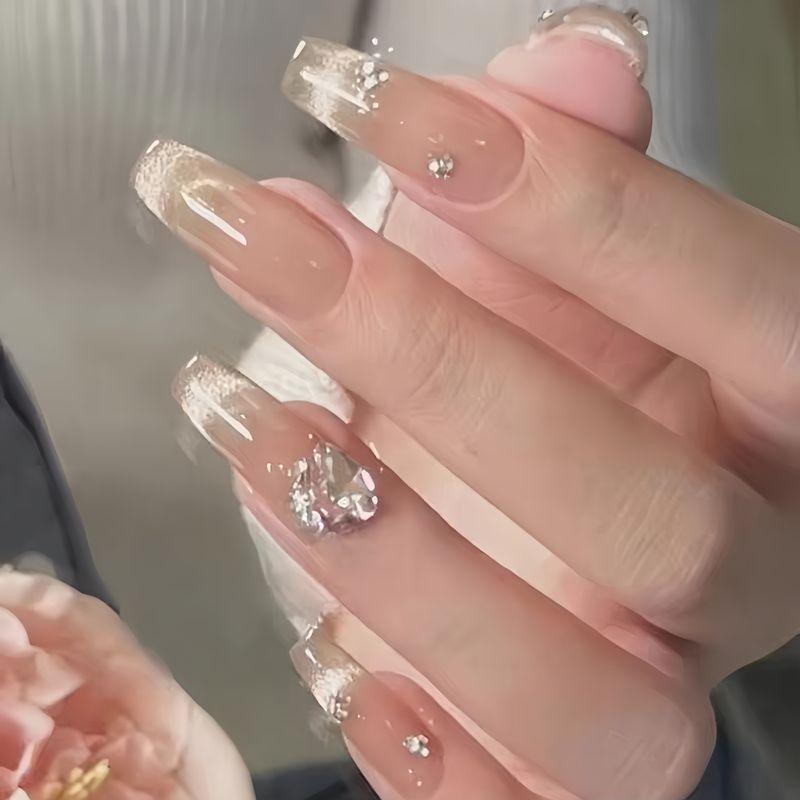 

Handmade Manicure French Cat Eye Wear Nail New Arrival Accessible Luxury Flash Diamond Bride Nail Stickers Nude Color White Detachable S pile drilling Starry Sky New ladder