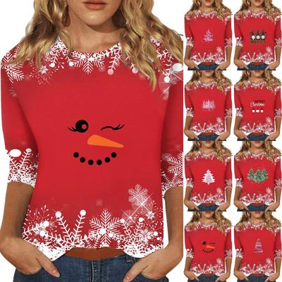 3/4 Sleeve Shirts For Women Print Tees Blouses Casual Plus Size Basic Tops Pullover