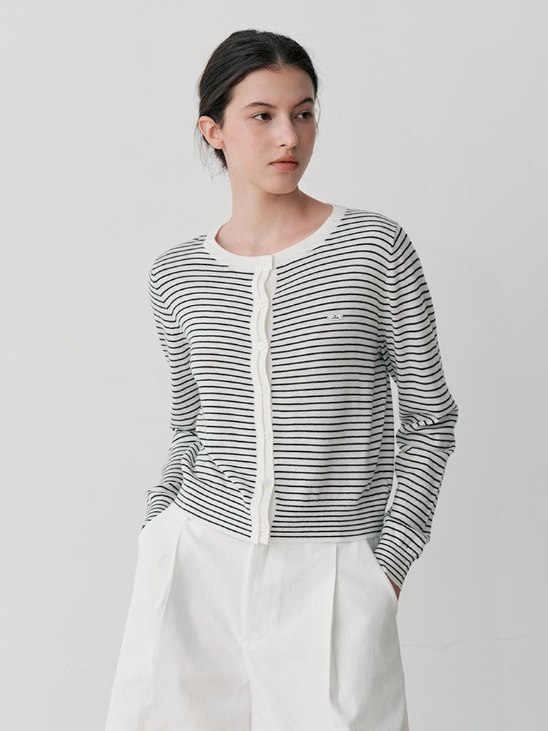 LE STUDIO Striped Button Cardigan (Wh)