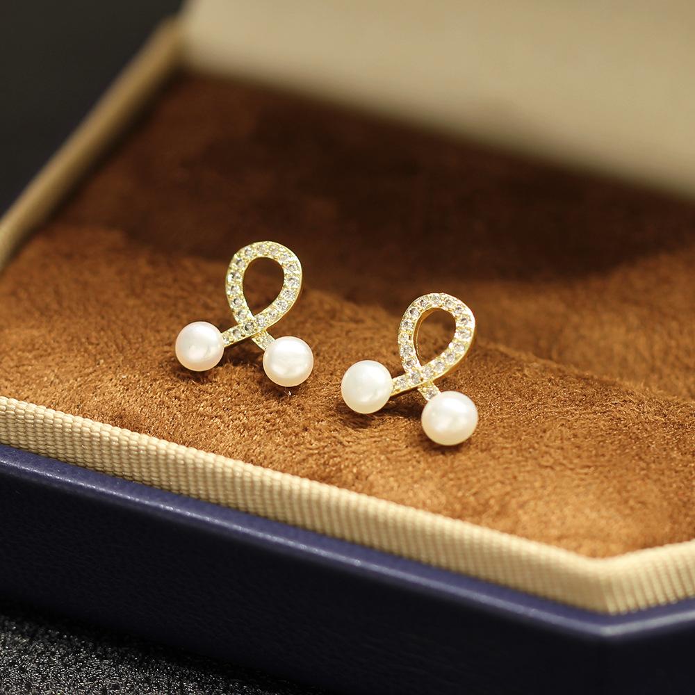 New product simple stone line small stud earrings natural freshwater pearl versatile earrings 925 silver needle earrings women's