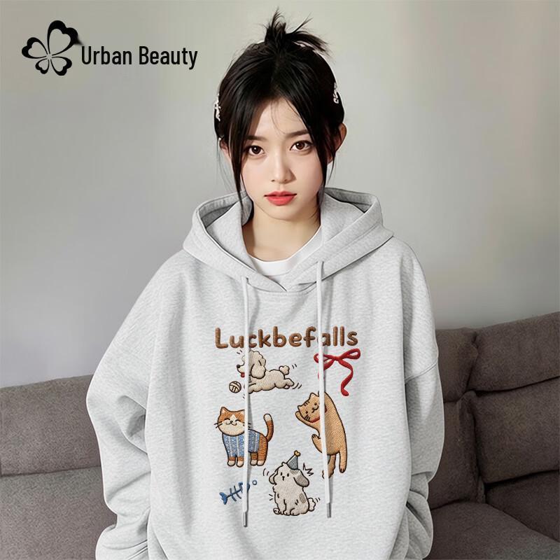 

Women s Casual Hooded Sweatshirt with Hippie Cat & Dog Print L