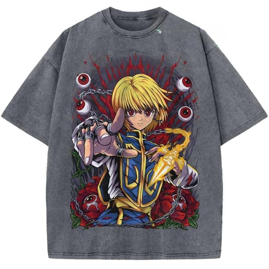 Anime Hunter x Hunter Kurapika Graphic T Shirt Men Short Sleeve Clothing Casual Cotton Tshirt Retro Washed T-shirt Harajuku Tops
