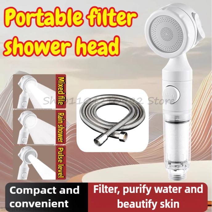 Portable Pressurized Filtration Shower Head with Antibacterial Nozzle for Water Purification Suitable for Travel and Hotels