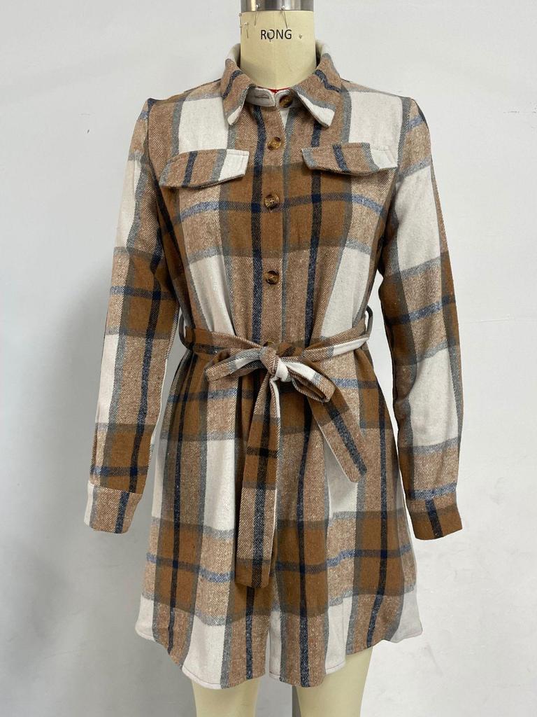 Plaid Tie-Waist A-Line Midi Dress - European-American Commuter Style for Autumn/Winter