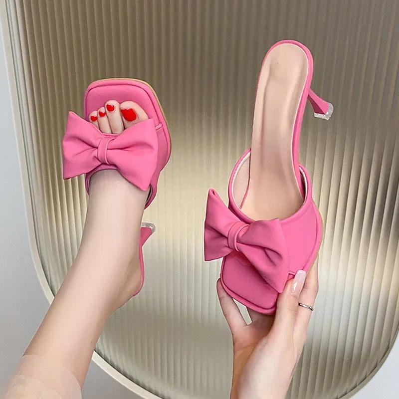 Sommer Damen Hohe Absätze Mode Quadratische Zehenpartie Design Slingback Sandalen Elegante Schleife Stiletto Hausschuhe für Damen Partykleider Schuhe