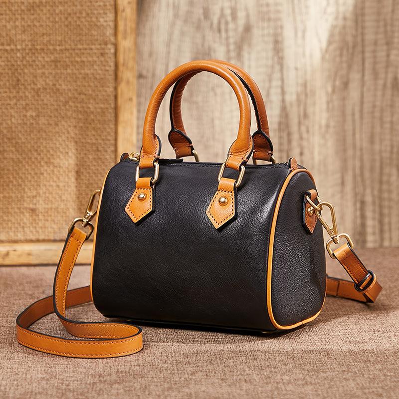 Handmade Vegetable Tanned Retro Messenger Bag Genuine Leather Boston Women'S Bag Commuting Niche Large Capacity Handbag Commuting Style