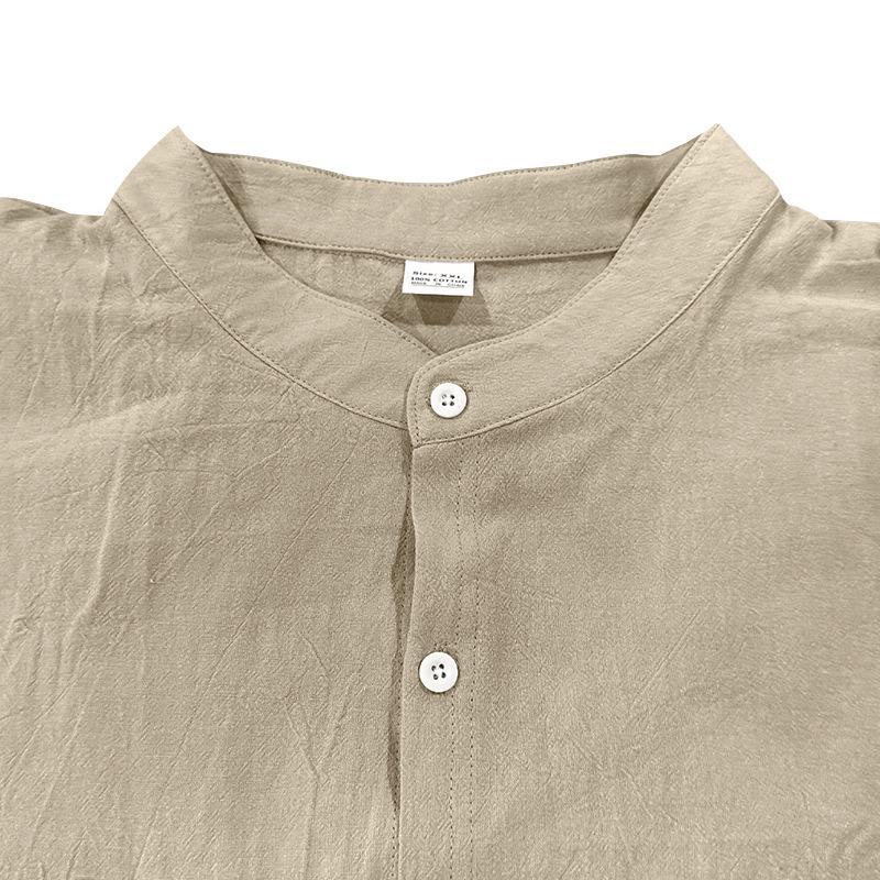 Mens Stand Collar Long Sleeve Breathable Casual Cotton Linen Shirt
