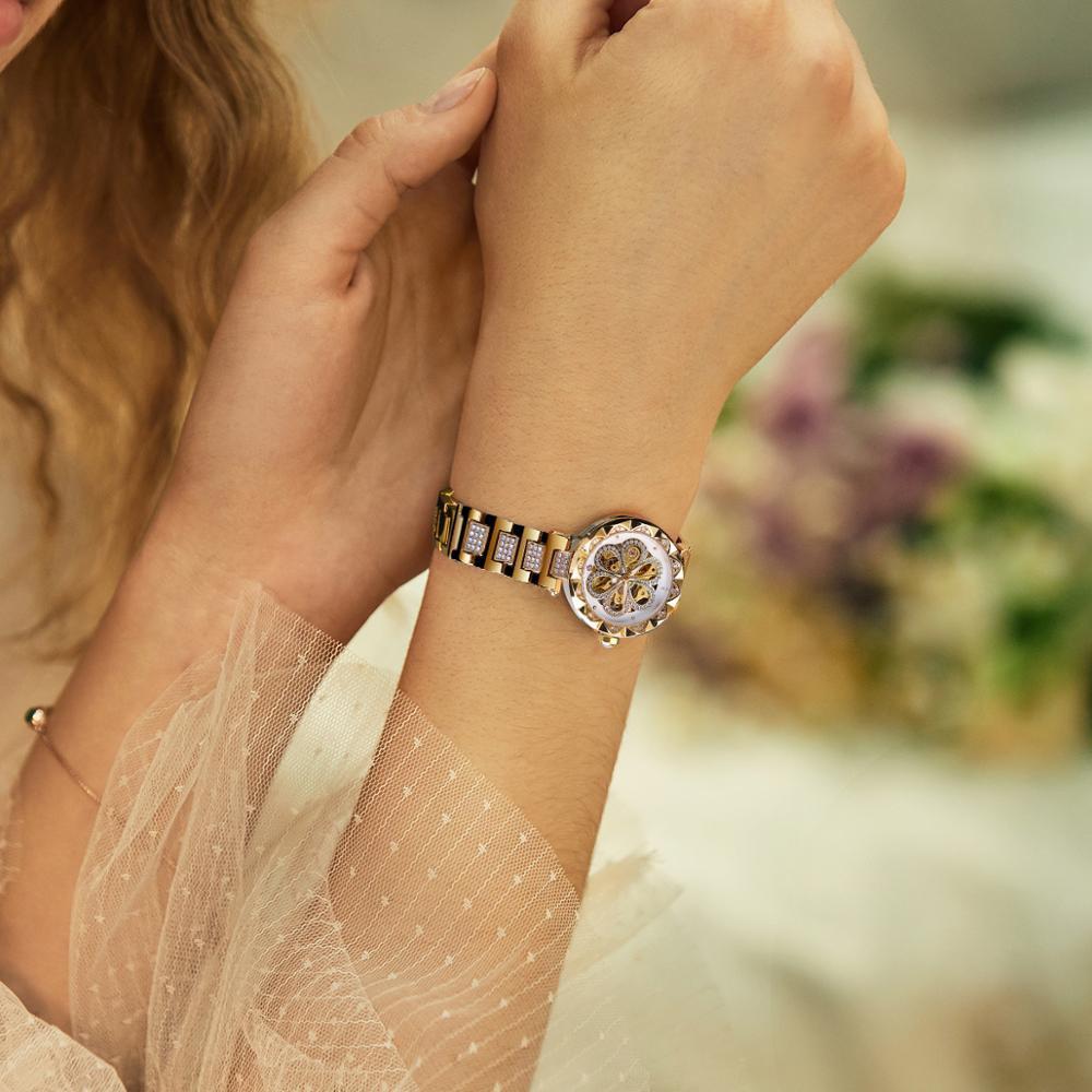FORSINING Diamond Dameklokke Vanntett Mekanisk Automatisk Big Dial Armbånd Armbåndsur i rustfritt stål Krystallklokke