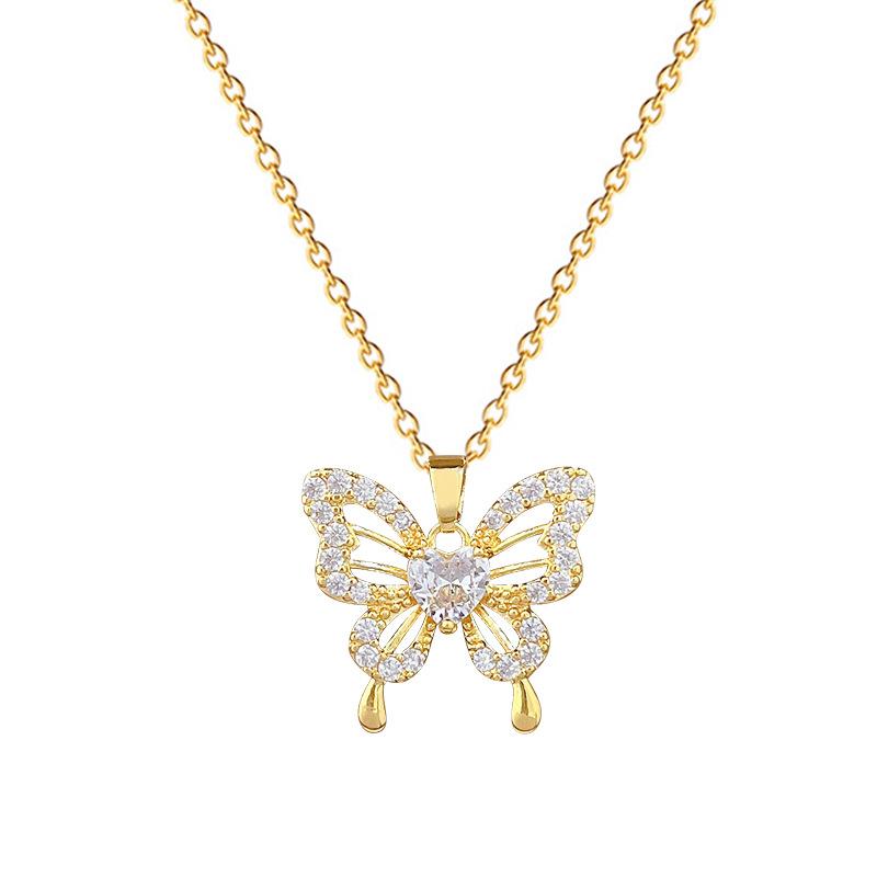 Titanium Steel, Empty Zircon Butterfly Light Luxury Temperament Gorgeous Full Diamond Necklace Female Versatile Collarbone Chain Titanium Steel Chain