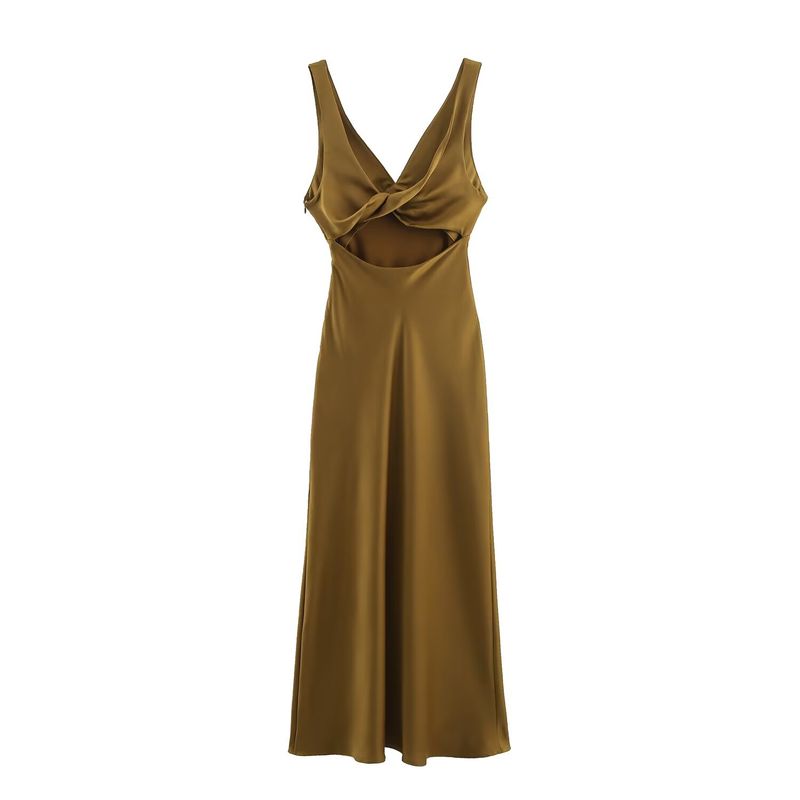 Zbzr Spring New Women Clothes Western Style Fashion Silk Satin Texture V-neck Midi Dress 8492366 510