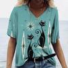 Summer V-neck 3D Cat Printed Top Fashionable Casual Short Sleeved Women's T-shirts