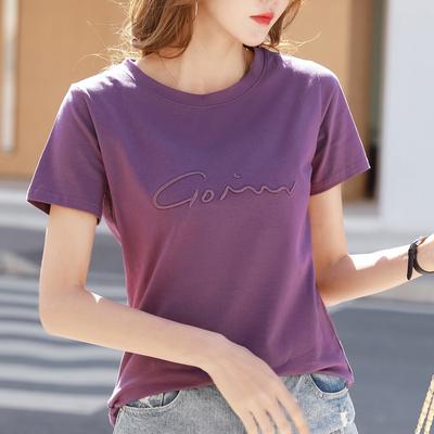 Summer Women's T-shirt Round Neck Embroidery Letters Loose Short-sleeved Tops