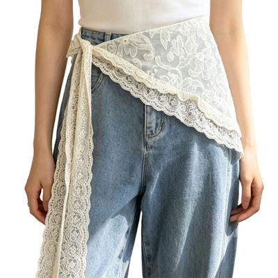 Lace Wrap Belt for Women, Adjustable Waist Scarf with Scalloped Edge and Long Ties, Lightweight Accent for Dresses, Blouses and Jeans