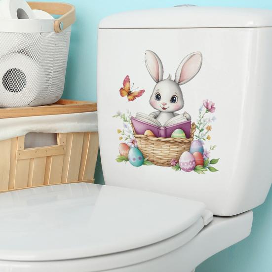 Paas Leuke Konijn Toilet Sticker Waterdichte Toiletbril Deksel Sticker Cartoon Konijn in Vlechtmand Lezend Toiletbril Cover Sticker voor Badkamer Huis