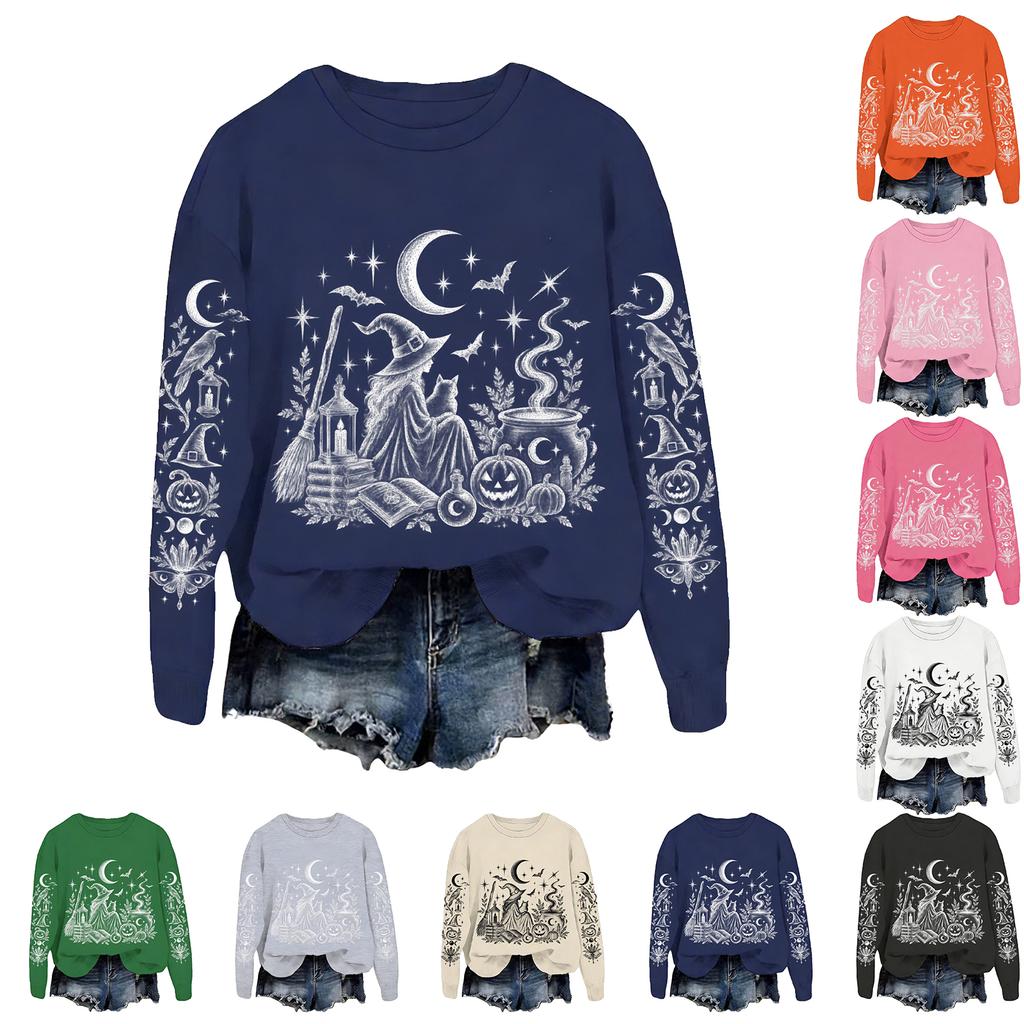 Women's Halloween Print Sweatshirt Loose Fit Casual Pullover Top for Fall and Winter