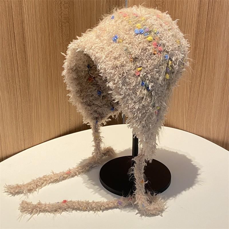 

Милая плюшевая шапка женская осенне-зимняя разноцветная с бахромой и косичками вязаная шапка-пуловер с защитой ушей