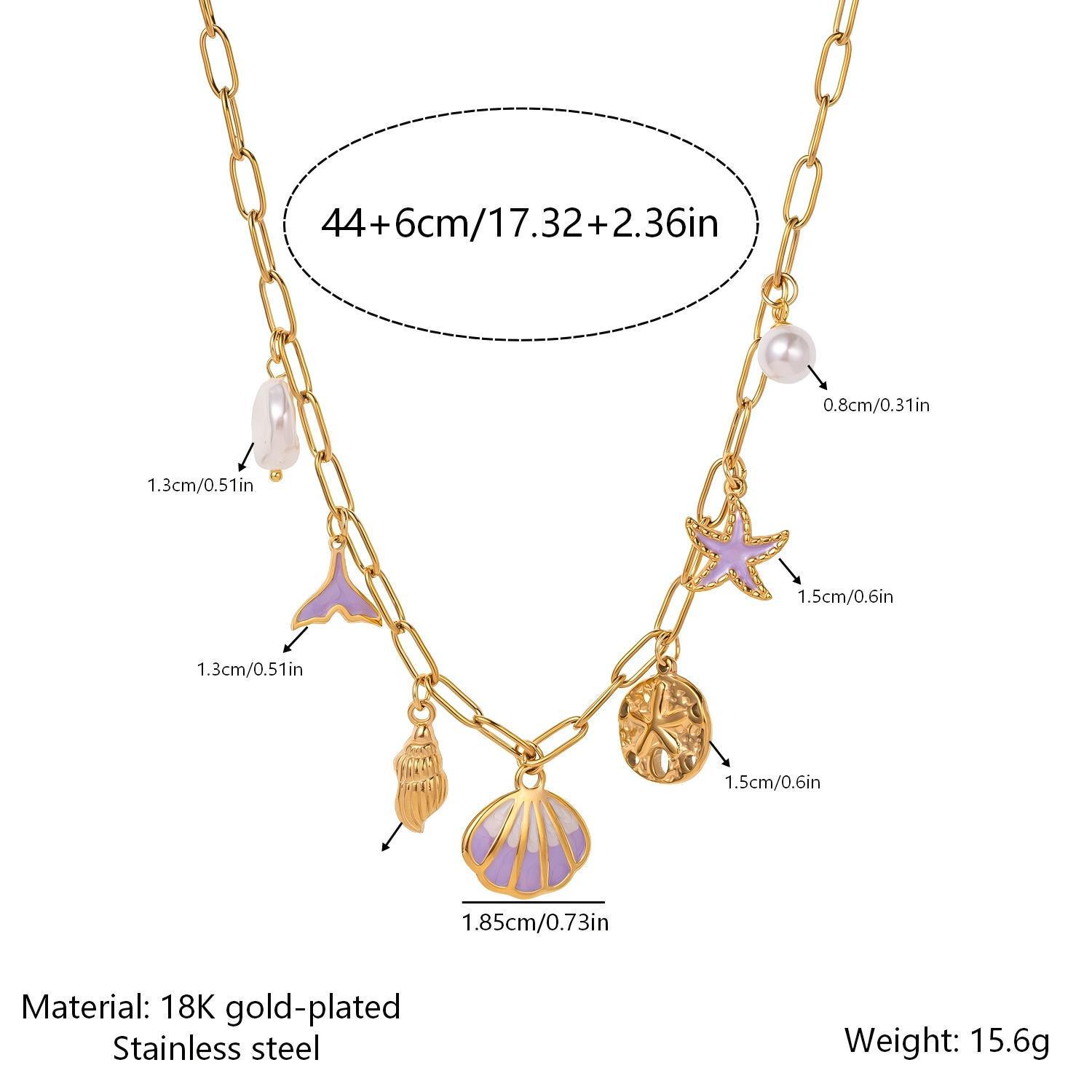 Ocean Series Stainless Steel Necklace: Cartoon Drip Glaze, Pearl, Shell, Fish Tail & Starfish Jewelry for Women 18K золотой
