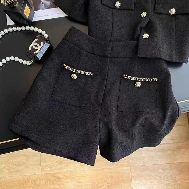 Fashion Office Lady Outfit Summer Chain Splicing Tweed Suit Women Single Breasted Top+Slim Shorts Elegant 2Pcs Set