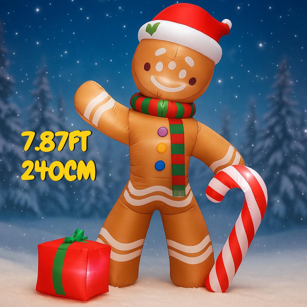 7.87FT Inflatable Toy Gingerbread Man Candy Cane Gift Xmas Yard Decoration LED Lit Christmas Supplies Home Ornament Festive Gift