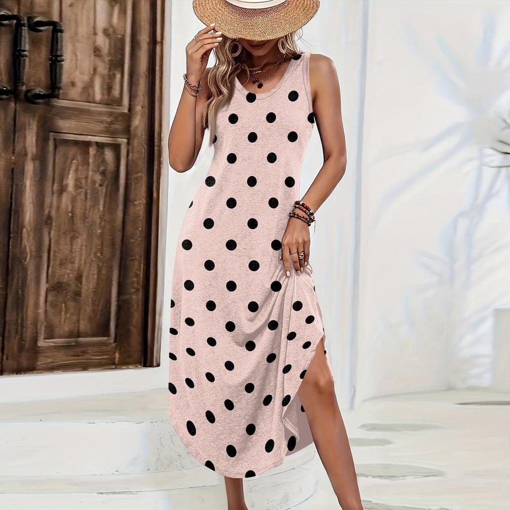 Maxi Abito Casual da Donna a Pois Senza Maniche con Vestibilità Larga per l'Estate