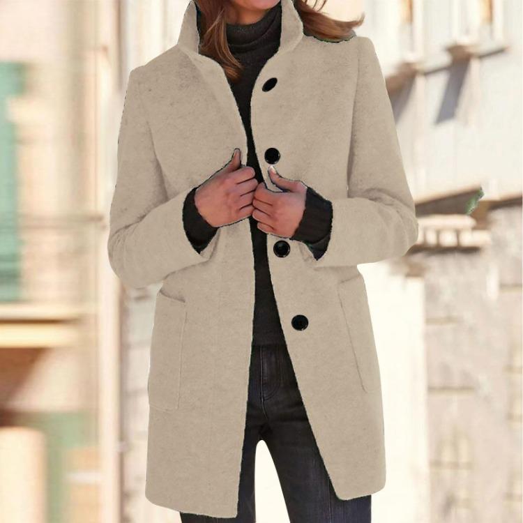 Women's Casual Solid Color Woolen Jacket with Collar and Pocket Long Sleeve Button Up Coat