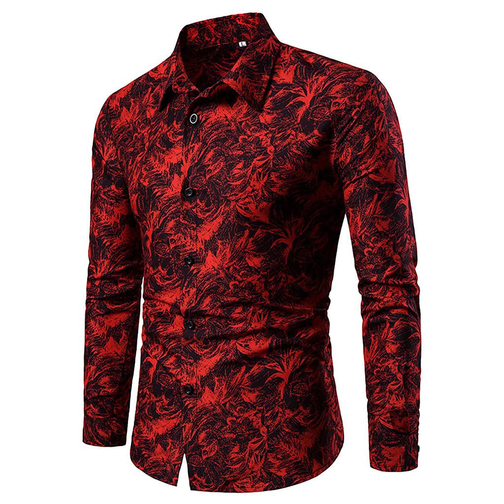 Spring And Summer Men's Casual Pattern Stand Collar Button Long Sleeve Shirt