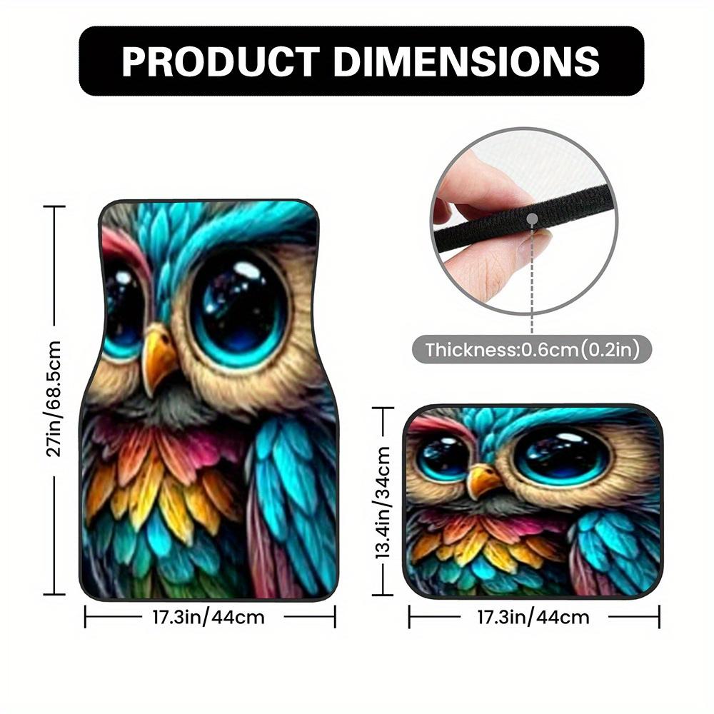Set Of 4 Car Floor Mats Showcasing A Vibrant Owl Art Design, Suitable For Trucks And Hatchbacks, Offering Easy Cleaning Advantag