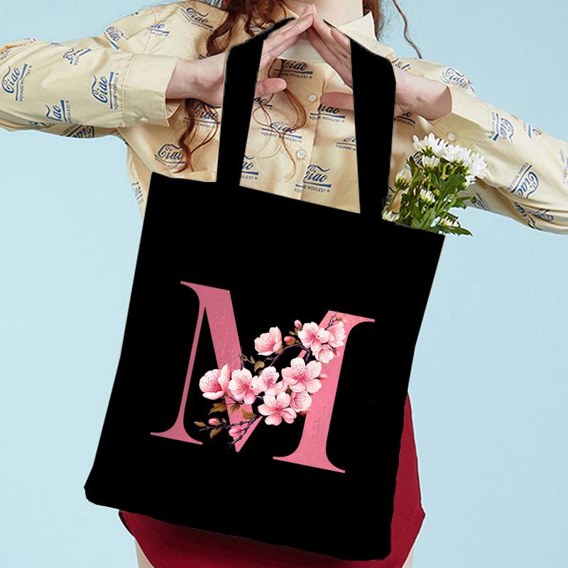 Pink Sakura Handbags Women Eco Reusable Tote Bag Cherry Blossom College Canvas Bag Vintage Sakura Alphabet Ladies Shoulder Bag
