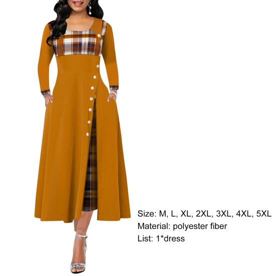 Lady Dress Contrast Colors Plaid Round Neck Patchwork Banquet Dress for Commute