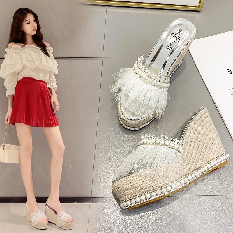

11CM slope heel super high heel waterproof table muffin thick sole pearl rhinestone sandals lace mesh slippers women 40 серебряный