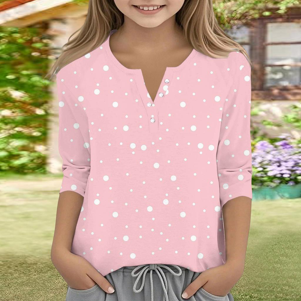 Print Tops For Youth Girls V Neck Button 3/4 Sleeves T-Shirts Trendy Tops Outfit Tees