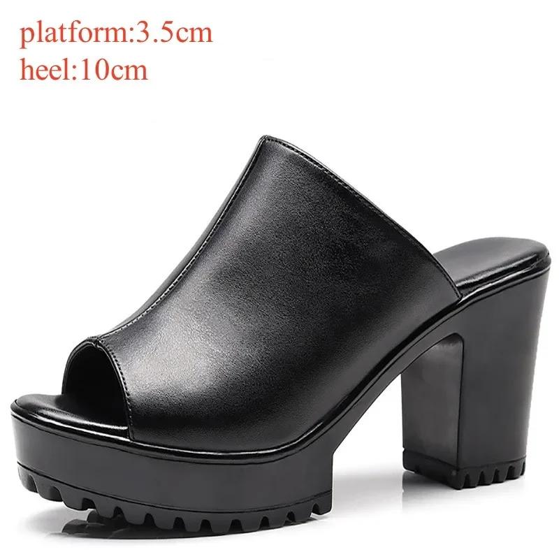 

Sexy Small 33-43 Open Head Leather Slippers Women s Platform Shoes Summer 2025 Block High Heels Slides for Office Beach Mom 33