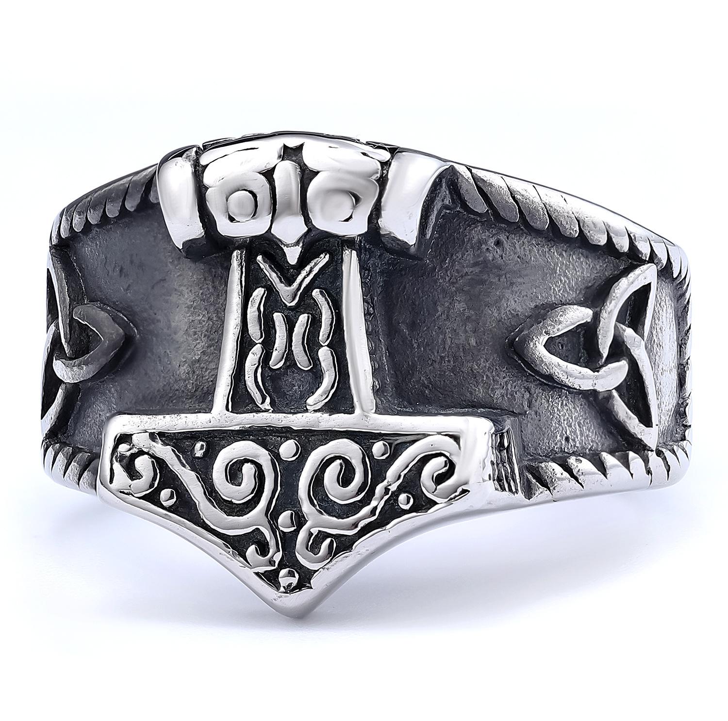 

Viking Thor Hammer Ring Stainless Steel Fade Resistant Norse Knot Design Jewelry for Men no. 8