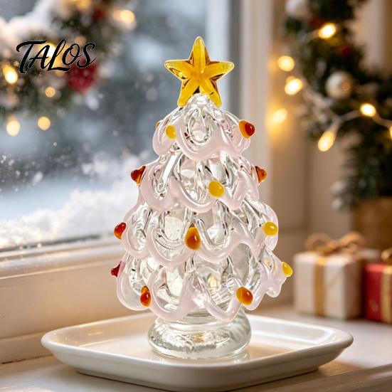 Elegant Office Desk Decor Glazed Glass Christmas Tree Figurine, Handcrafted Ornament Gift for Friends Holiday Display, Colorful Modern Table