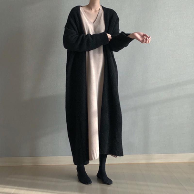 Women's Korean Knee-Length Knit Cardigan - Solid Color, Loose Fit, Plus Size, Autumn/Winter Styles