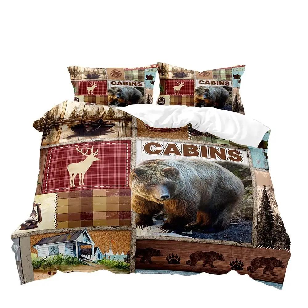 Black Bear Deer Bedding Set Woodland Animals Elk Moose Wildlife Hunting Country Lodge Cabin Duvet Cover Set Queen Comfortable